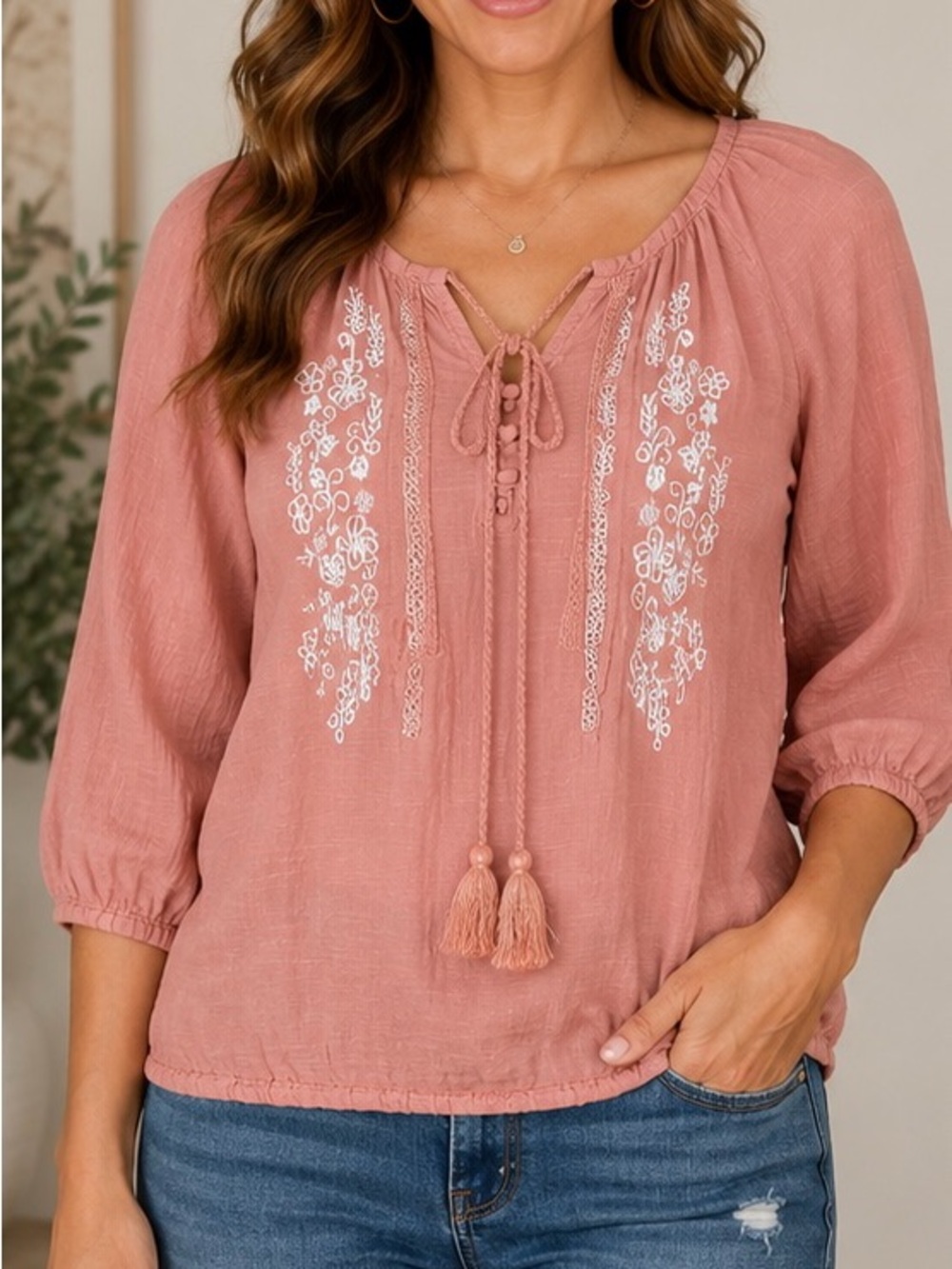 Vintage America Rose Tie-Front Embroidered Peasant Blouse Boho Tassel Tie Medium